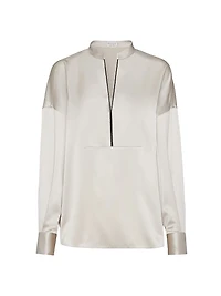 Stretch Silk Satin Blouse with Shiny Plastron
