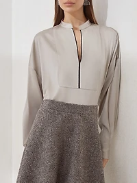 Stretch Silk Satin Blouse with Shiny Plastron