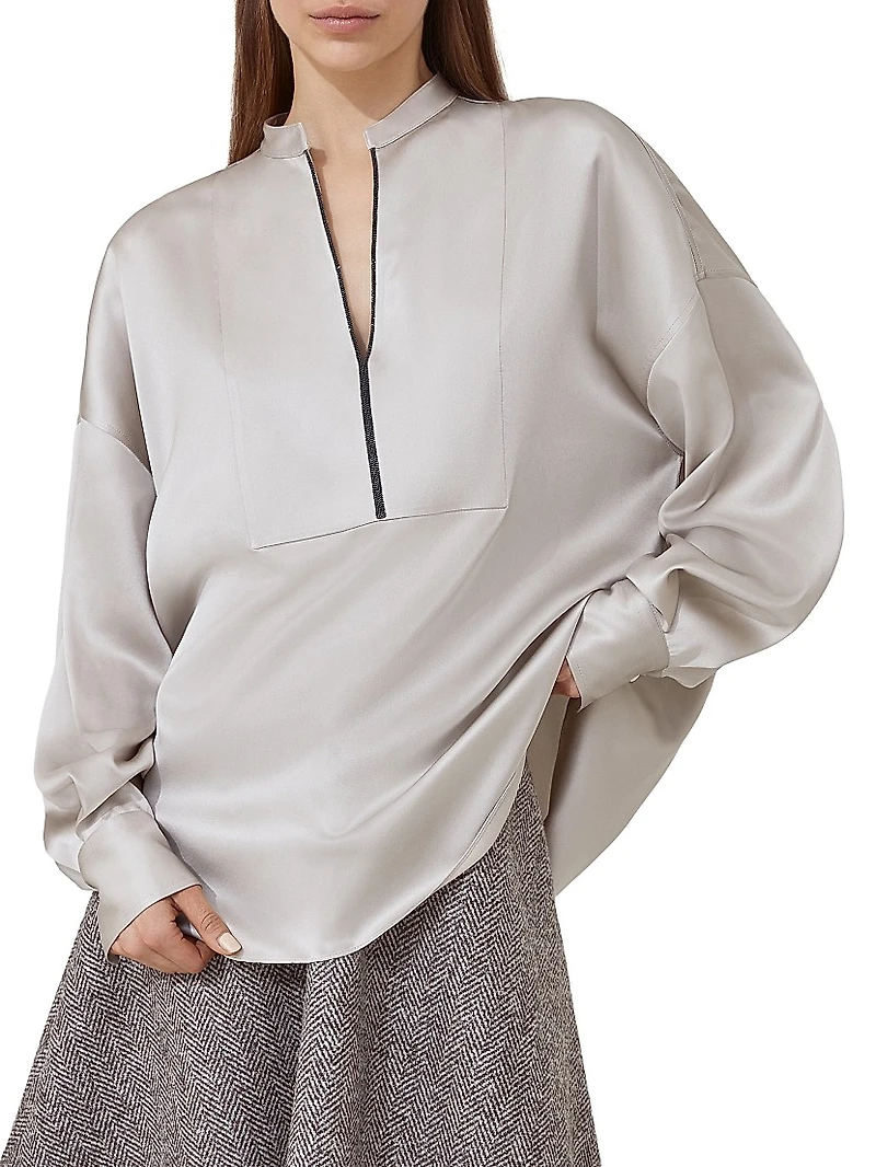Stretch Silk Satin Blouse with Shiny Plastron
