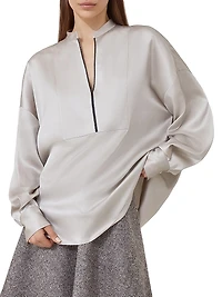 Stretch Silk Satin Blouse with Shiny Plastron