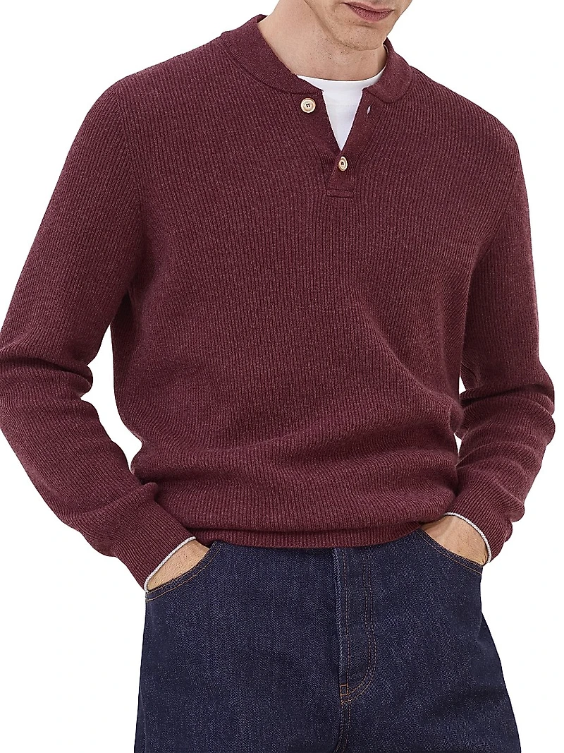 Cashmere English Rib Sweater with Henley Collar
