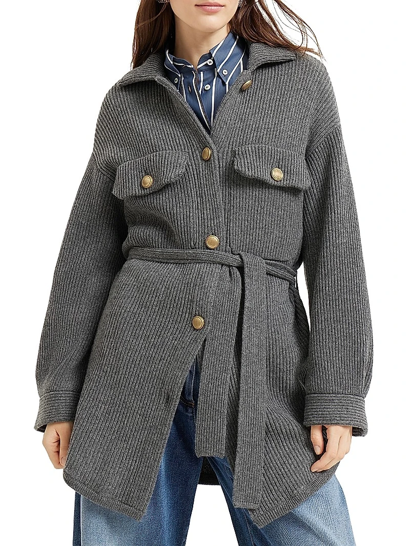 Virgin Wool, Cashmere and Silk English Rib Belted Cardigan