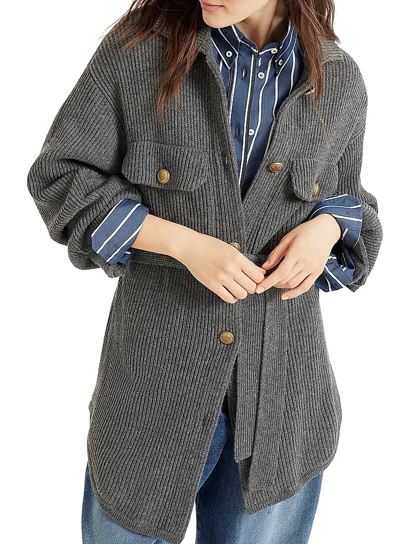 Virgin Wool, Cashmere and Silk English Rib Belted Cardigan