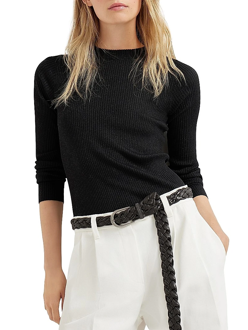 Sparkling Cashmere and Silk Rib Knit Lightweight Sweater