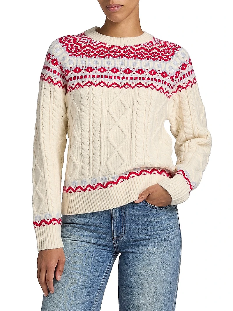 Fair Isle-Style Cable-Knit Crewneck Sweater