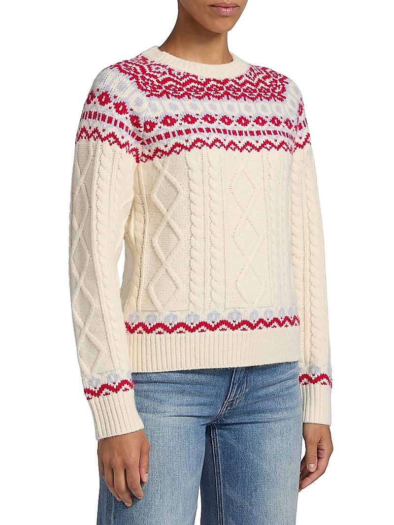 Fair Isle-Style Cable-Knit Crewneck Sweater