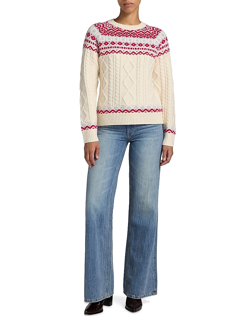 Fair Isle-Style Cable-Knit Crewneck Sweater