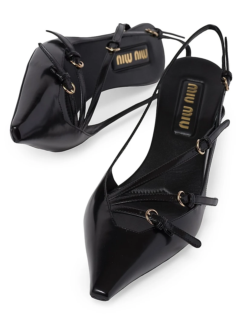 Brushed Leather Slingback Pumps with Buckles