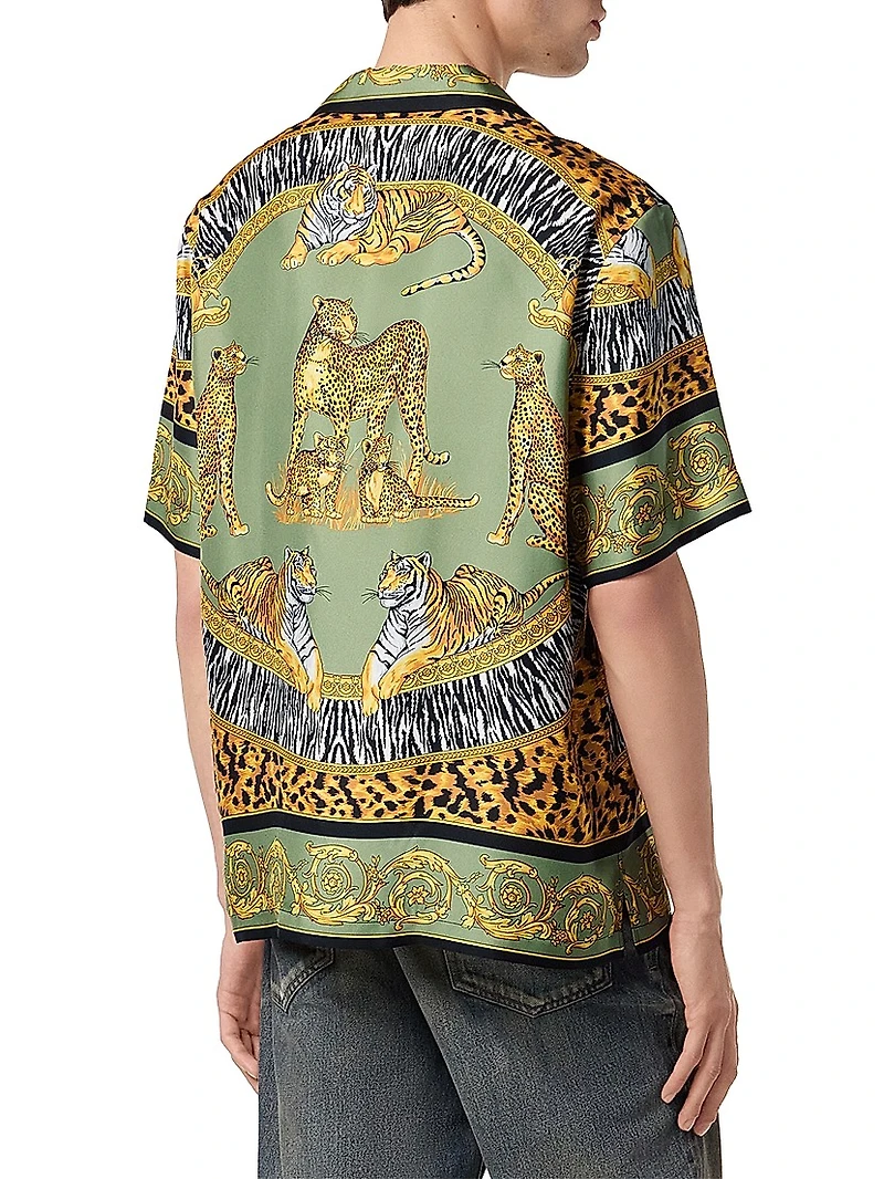 Wild Cats Silk Button-Front Shirt