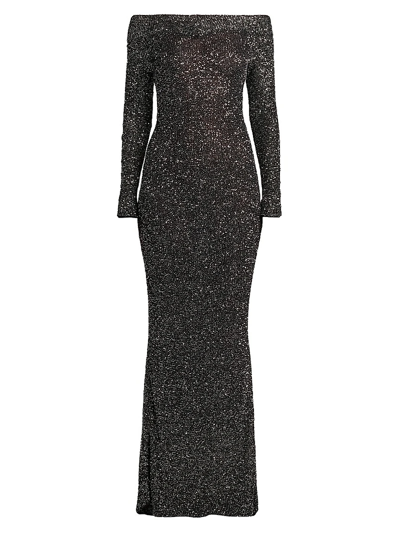 Knit Sequined Off-the-Shoulder Gown