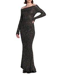 Knit Sequined Off-the-Shoulder Gown