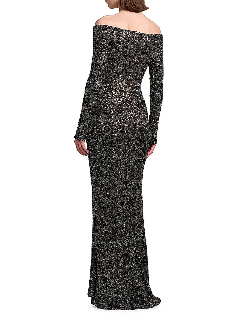 Knit Sequined Off-the-Shoulder Gown