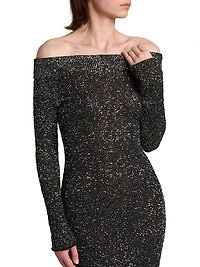 Knit Sequined Off-the-Shoulder Gown