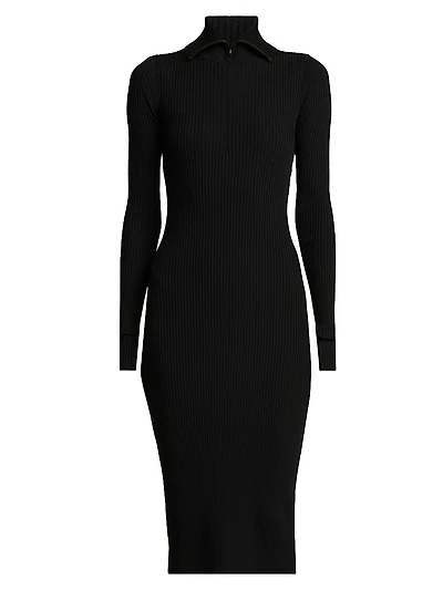 Stretch Rib-Knit Polo Midi-Dress