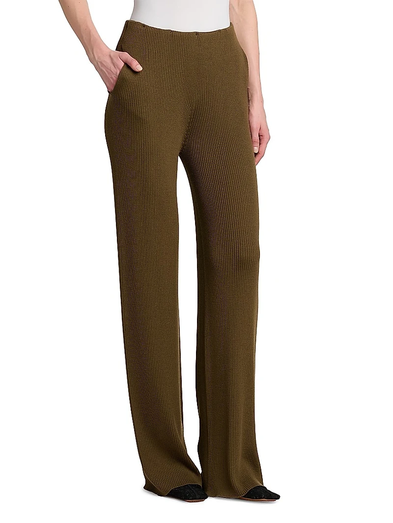 Light Ribbed Wool Straight Trousers