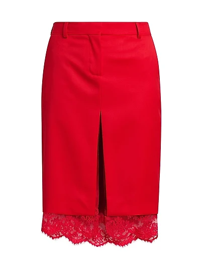 Lace Trim Slit Midi-Skirt