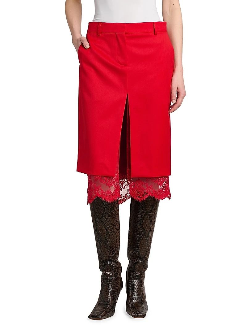 Lace Trim Slit Midi-Skirt