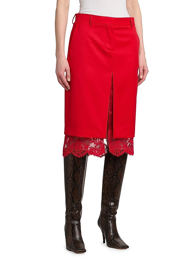 Lace Trim Slit Midi-Skirt