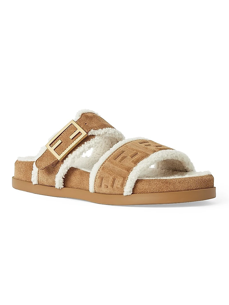 Monogram Shearling Lined Leather Flat Sandals