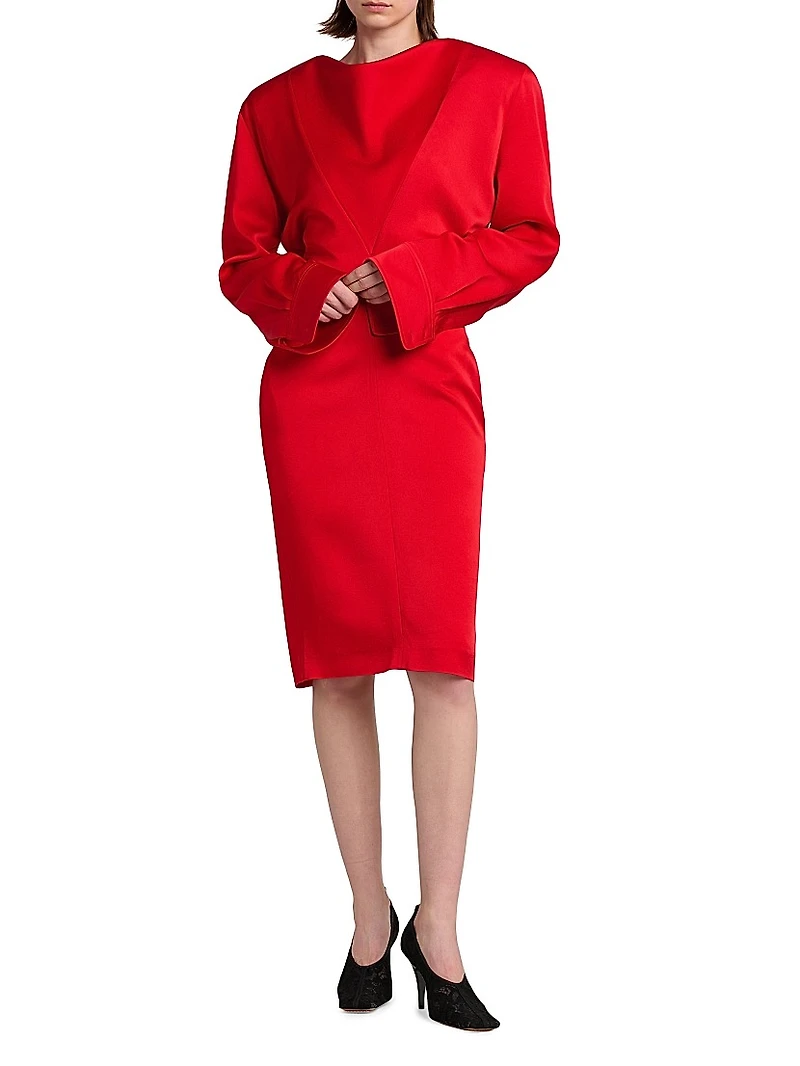 Satin Long-Sleeve Midi-Dress