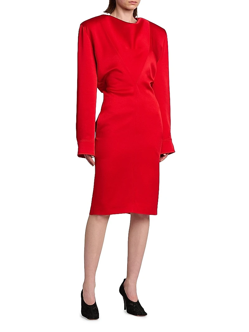 Satin Long-Sleeve Midi-Dress