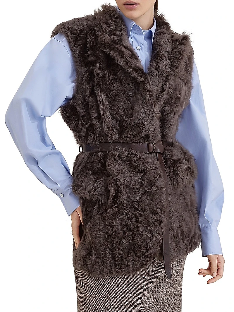 Wavy Shearling Vest with Leather Belt and Monili