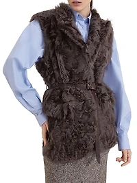 Wavy Shearling Vest with Leather Belt and Monili