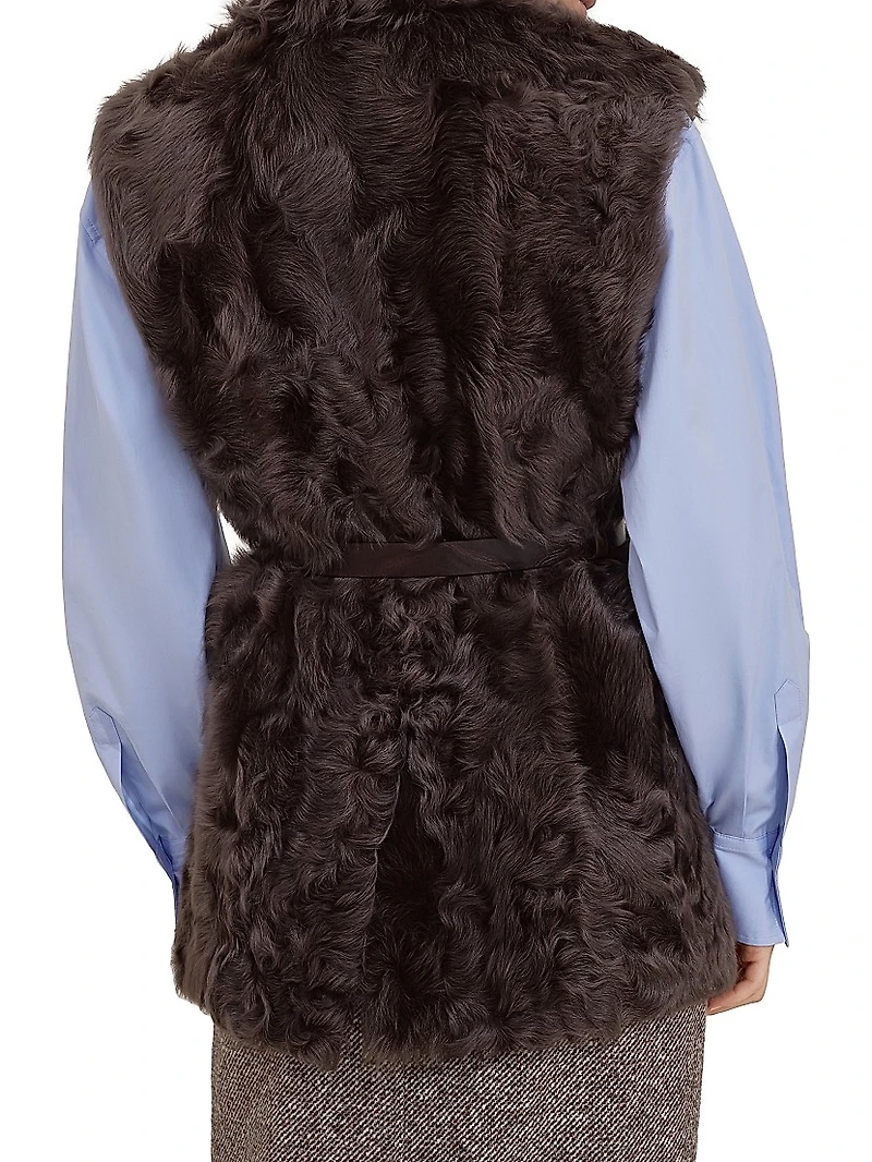 Wavy Shearling Vest with Leather Belt and Monili