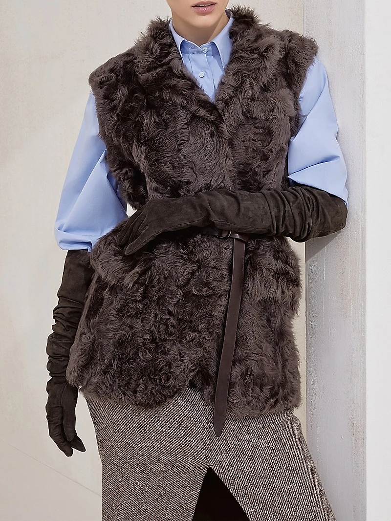 Wavy Shearling Vest with Leather Belt and Monili