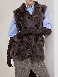Wavy Shearling Vest with Leather Belt and Monili