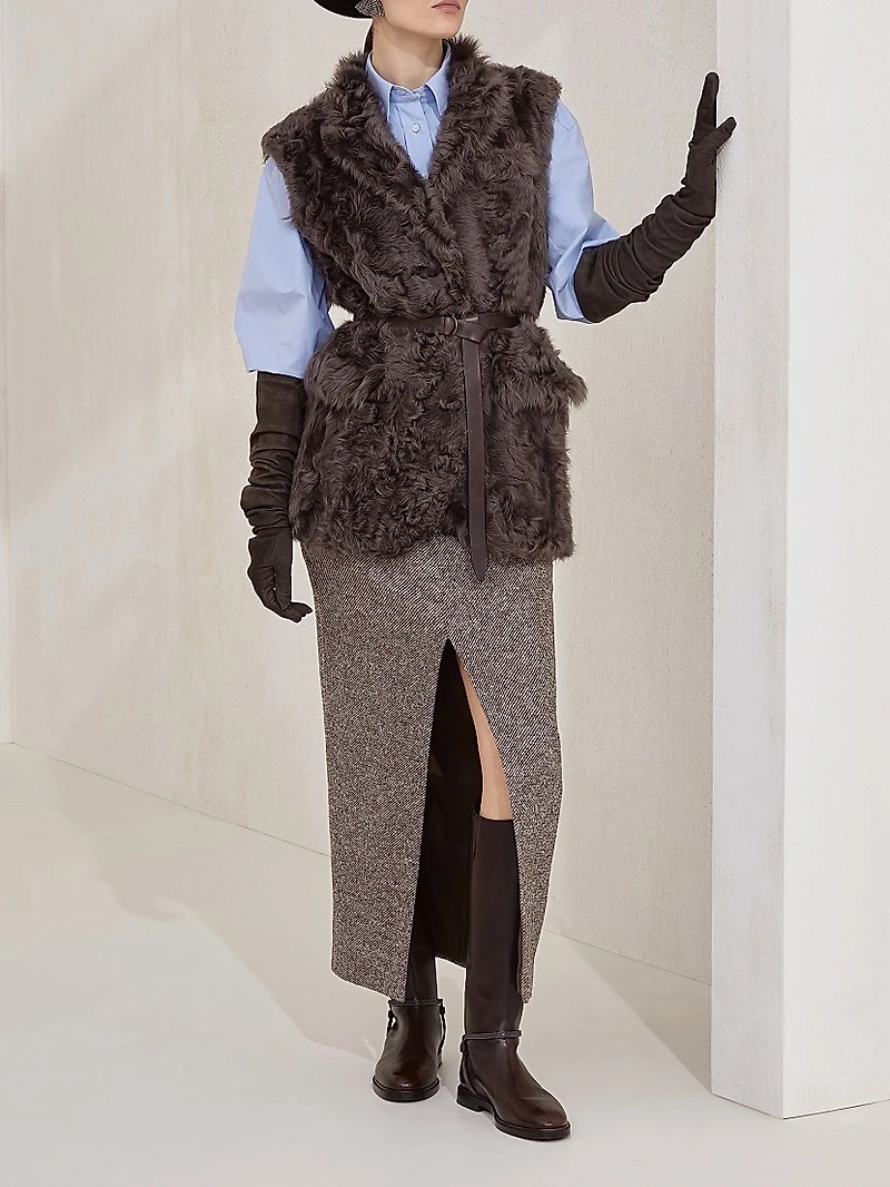 Wavy Shearling Vest with Leather Belt and Monili