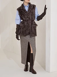 Wavy Shearling Vest with Leather Belt and Monili