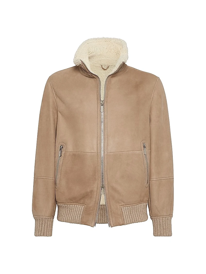 Suede Curly Shearling Bomber Jacket with Cashmere Knit Collar