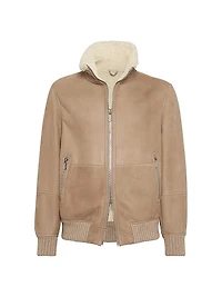 Suede Curly Shearling Bomber Jacket with Cashmere Knit Collar