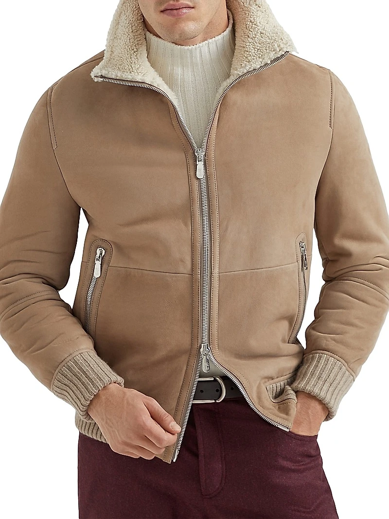 Suede Curly Shearling Bomber Jacket with Cashmere Knit Collar