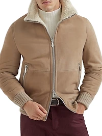 Suede Curly Shearling Bomber Jacket with Cashmere Knit Collar