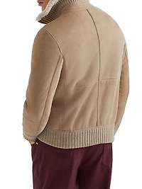 Suede Curly Shearling Bomber Jacket with Cashmere Knit Collar