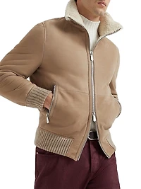 Suede Curly Shearling Bomber Jacket with Cashmere Knit Collar