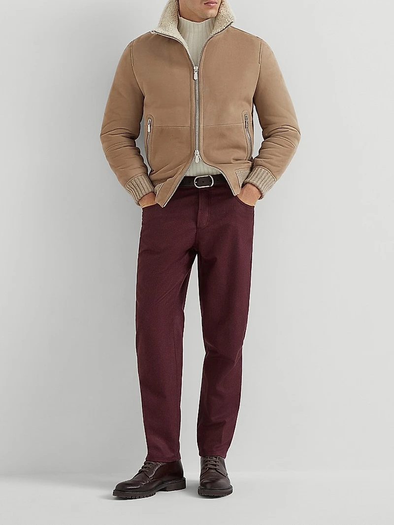 Suede Curly Shearling Bomber Jacket with Cashmere Knit Collar