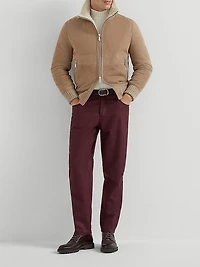 Suede Curly Shearling Bomber Jacket with Cashmere Knit Collar