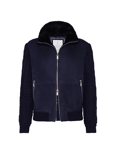 Suede Shearling and Cashmere Knit Bomber Jacket with Thermore® Padding