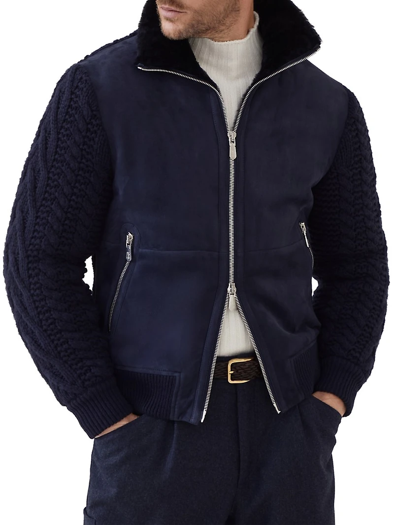 Suede Shearling and Cashmere Knit Bomber Jacket with Thermore® Padding