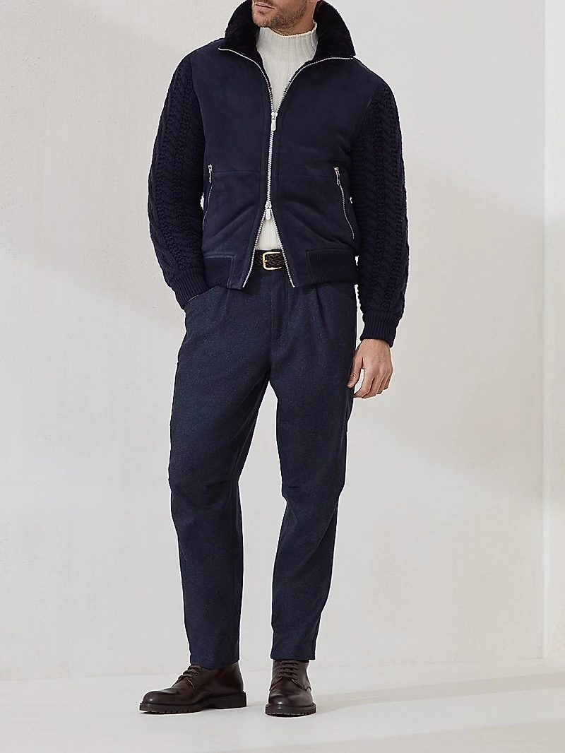 Suede Shearling and Cashmere Knit Bomber Jacket with Thermore® Padding