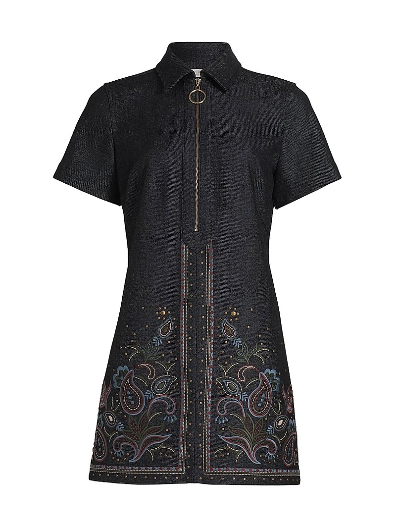 Kristen Embroidered Paisley Denim Midi-Dress