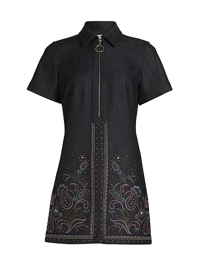 Kristen Embroidered Paisley Denim Midi-Dress