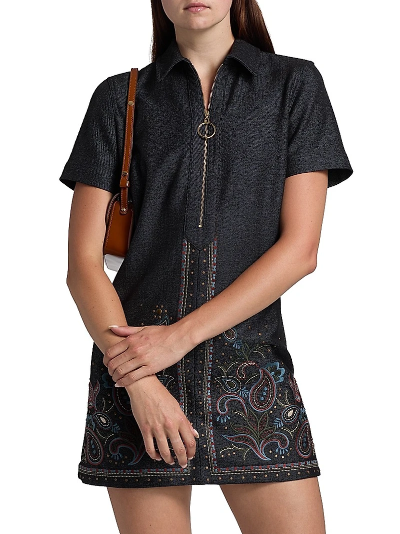 Kristen Embroidered Paisley Denim Midi-Dress