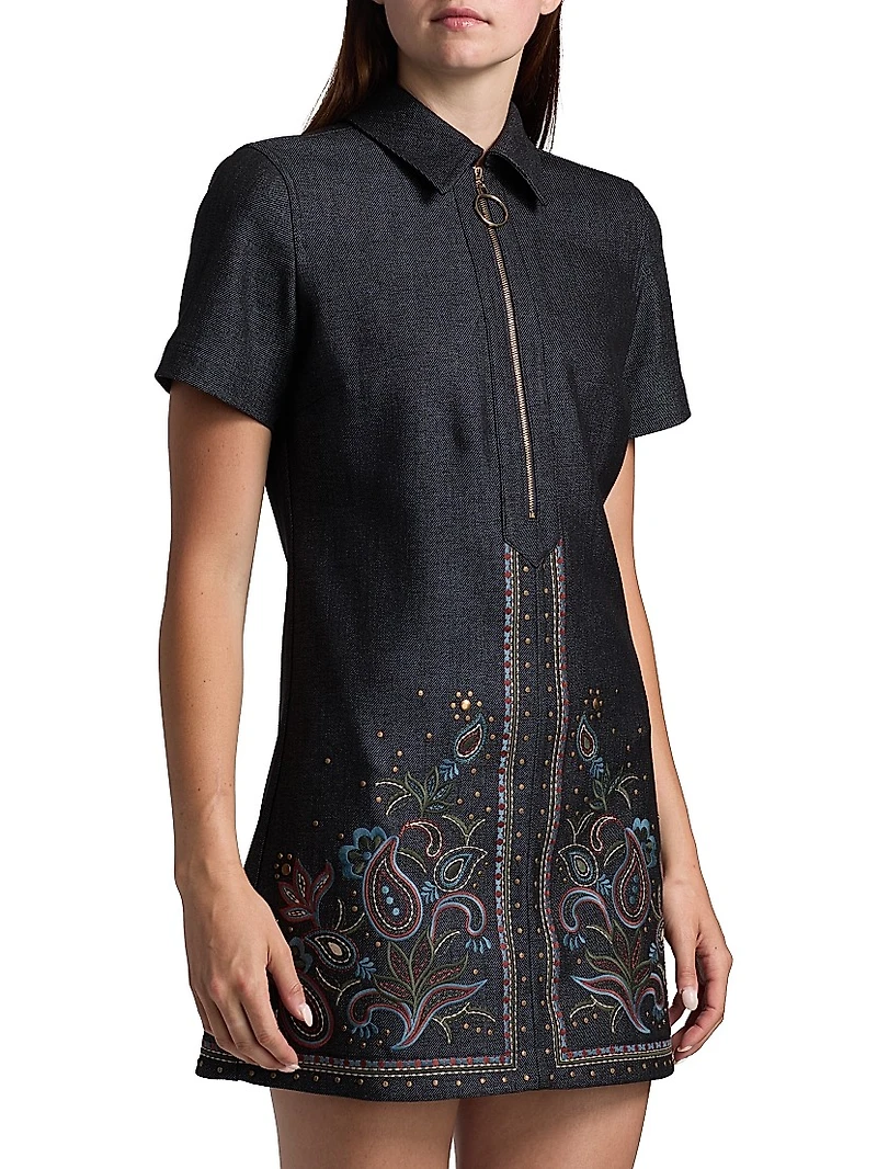 Kristen Embroidered Paisley Denim Midi-Dress