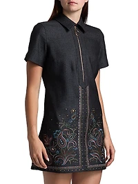 Kristen Embroidered Paisley Denim Midi-Dress