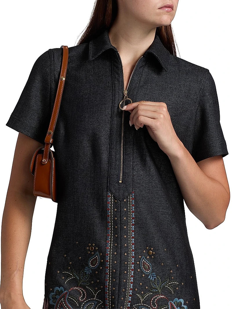 Kristen Embroidered Paisley Denim Midi-Dress