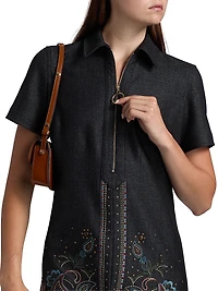 Kristen Embroidered Paisley Denim Midi-Dress
